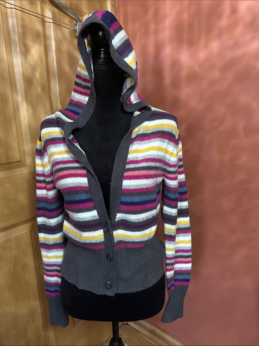 SO Hooded Striped Button Cardigan in Gray, Pink, Yellow, White, Navy